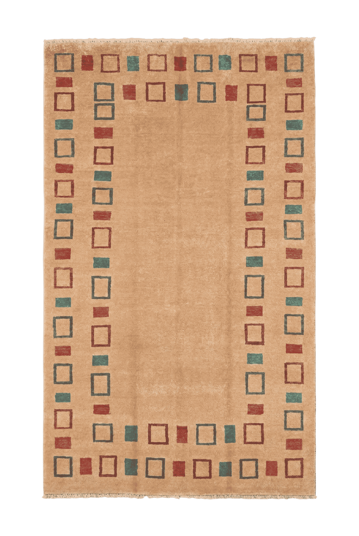 Camel geometric border Ghazni rug, hand-knotted Afghan wool