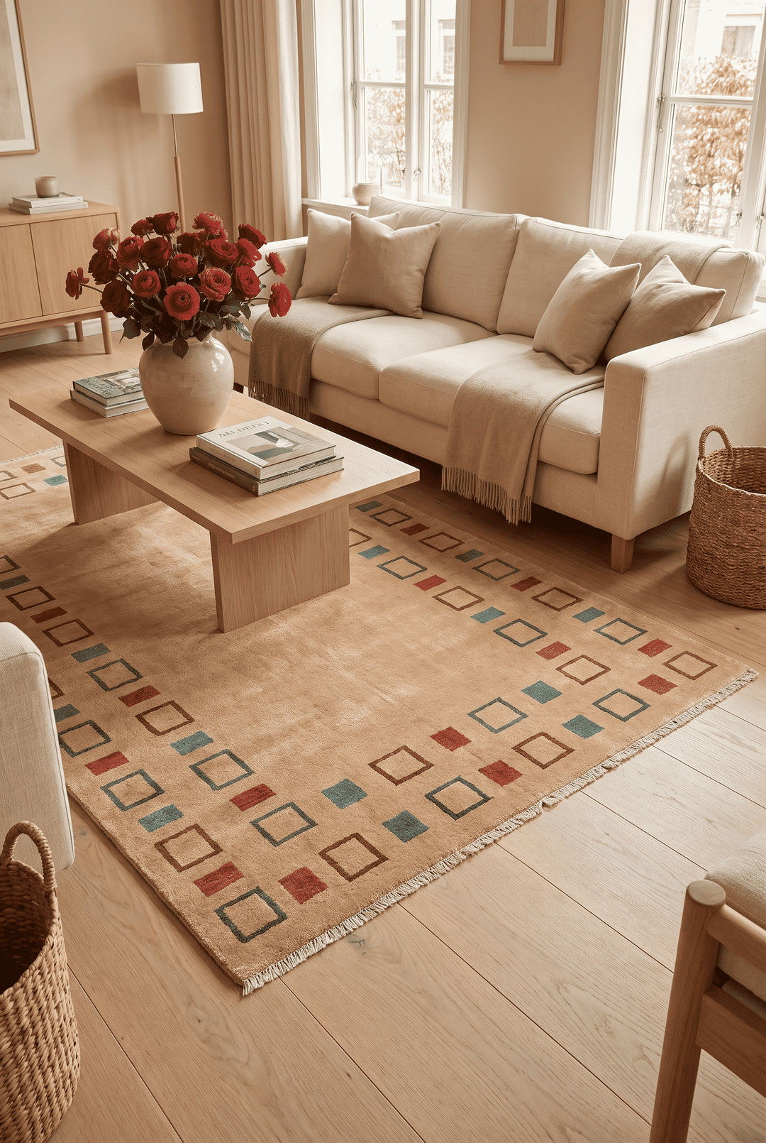 Geometric border detail in camel on Afghan Ghazni rug