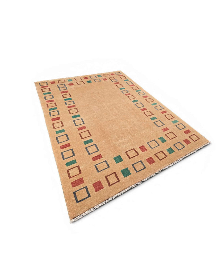 Camel geometric border rug, hand-knotted Ghazni wool