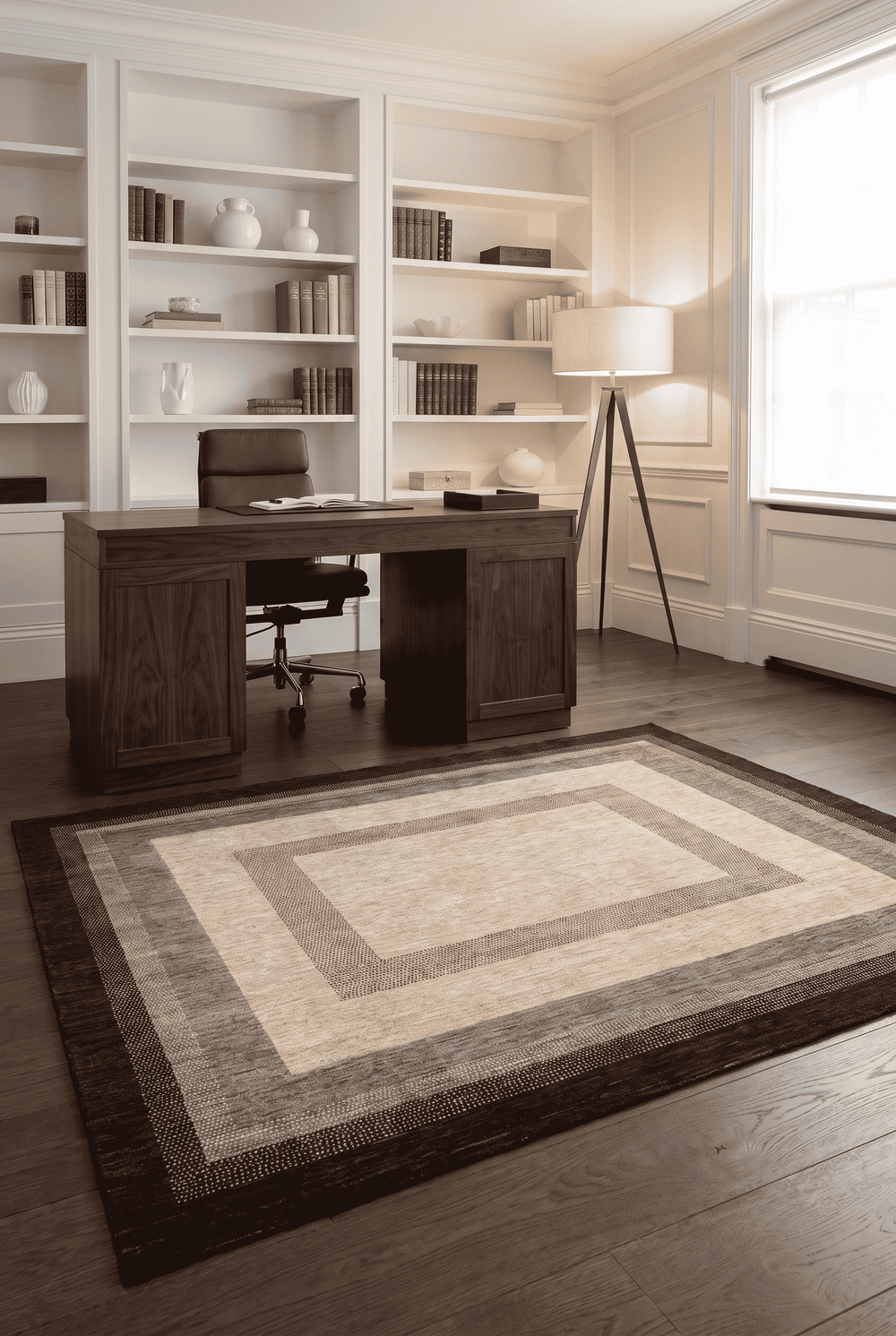 Graduated border detail in cream and brown on Ghazni rug