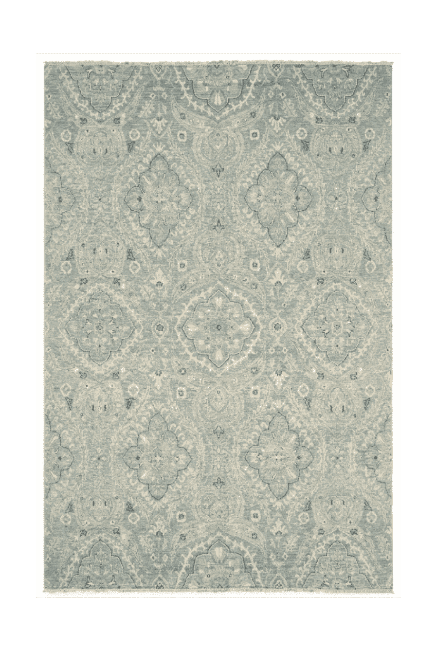 Dusty Blue Afghan Ghazni Rug, floral design, hand-knotted, 196×311cm