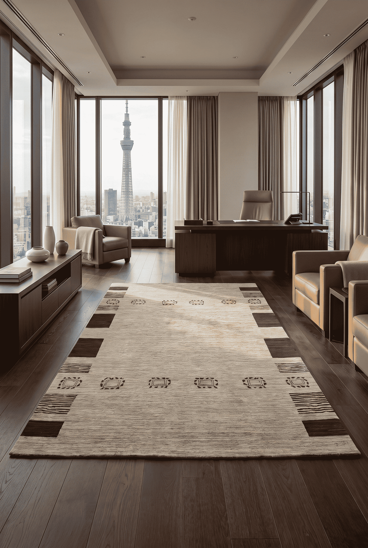 Tribal border detail in grey beige on Ghazni rug