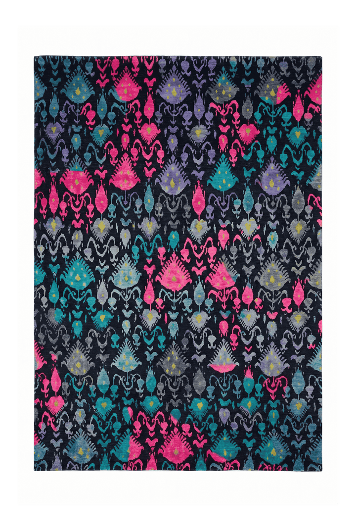 Indigo and magenta ikat Ghazni rug, 242×310cm, about 4.5 tatami