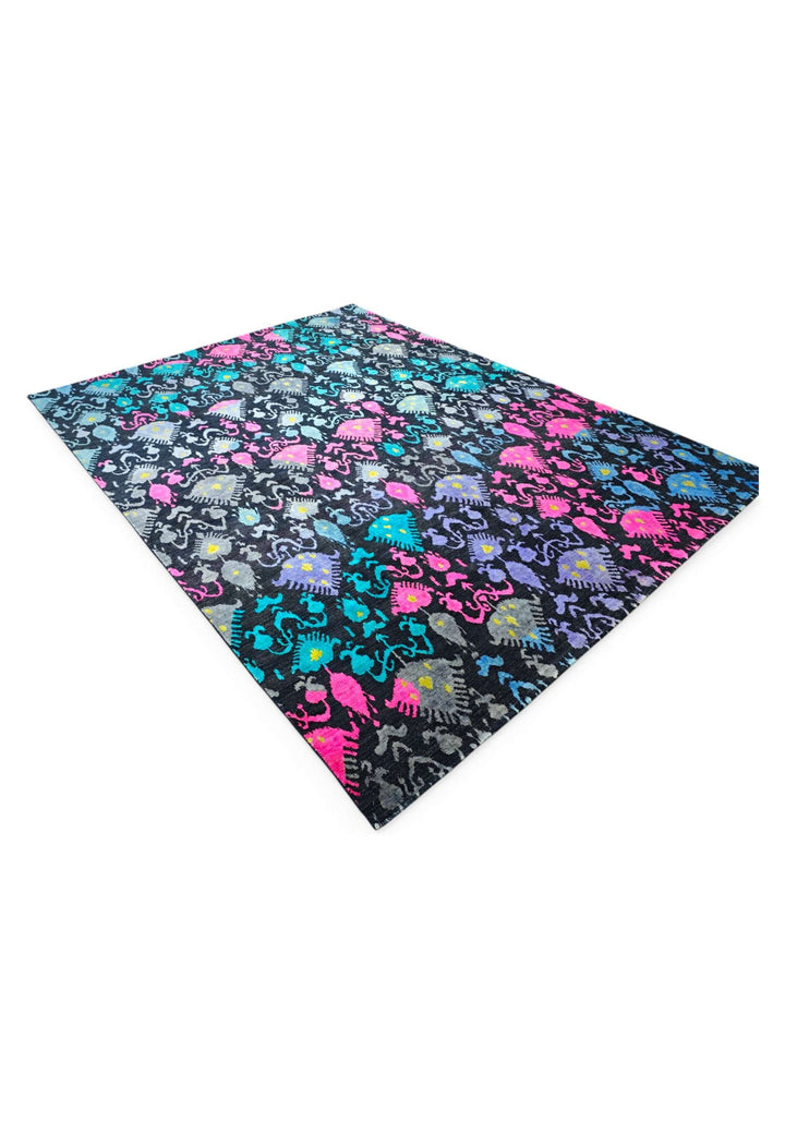 One-of-a-kind indigo and magenta ikat Ghazni rug
