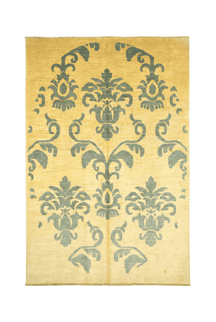 Ivory and sage damask Afghan rug in Ghazni wool, hand-knotted