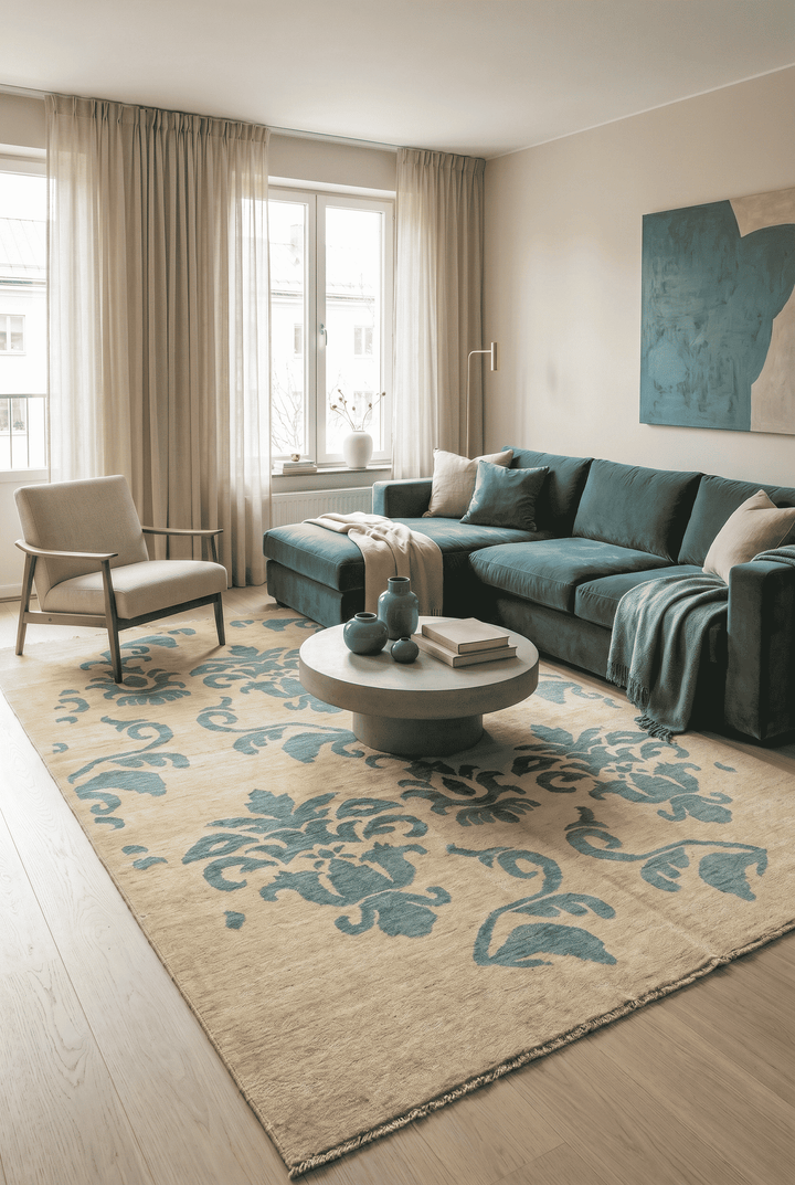 Damask design in ivory and sage on Afghan Ghazni wool rug