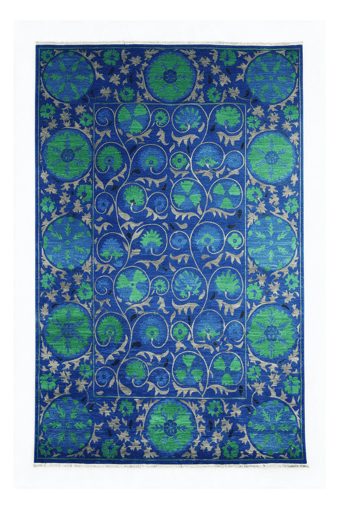 Lapis Blue Afghan Ghazni Rug, floral design, hand-knotted, 187×265cm