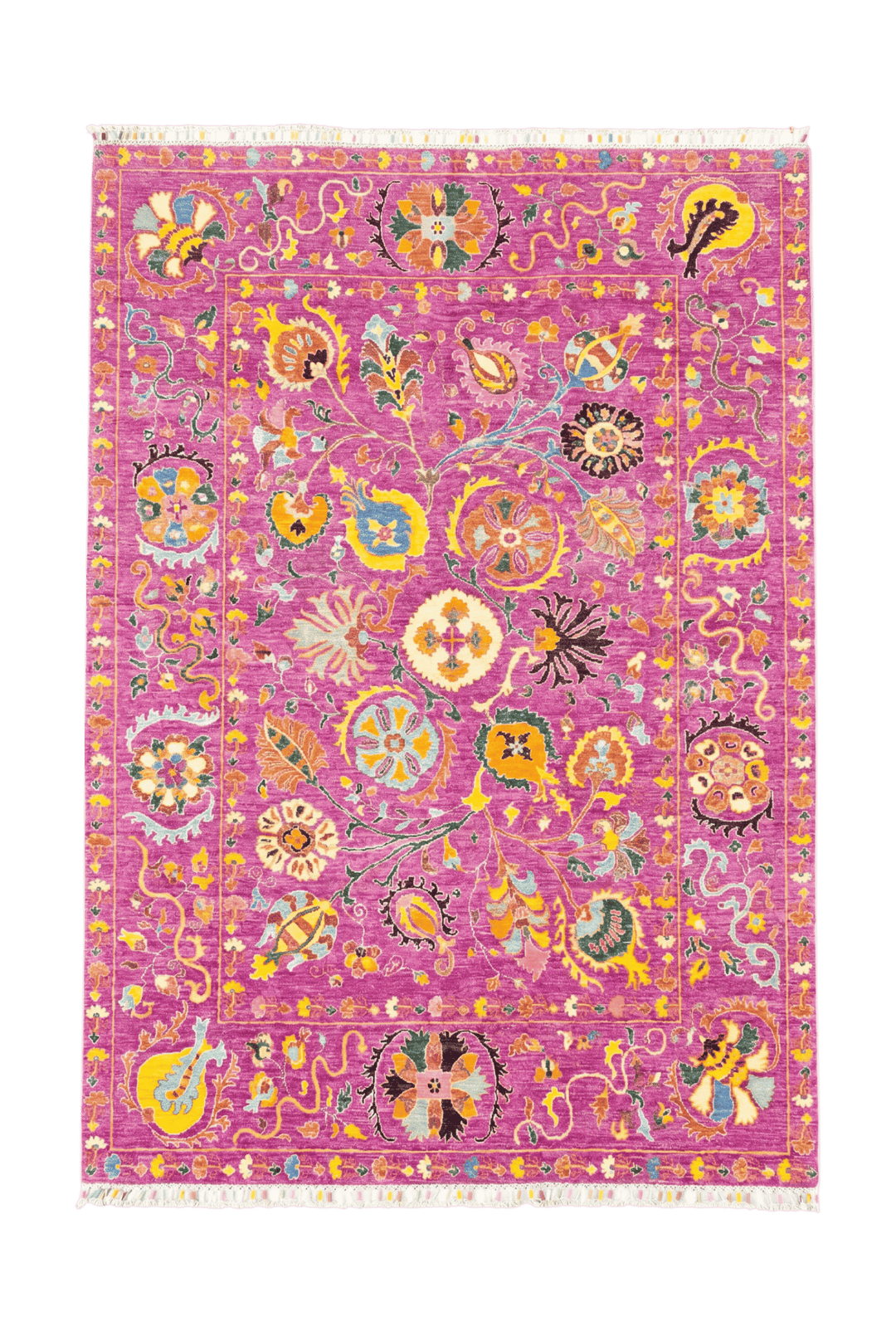 Magenta floral Afghan rug in Ghazni wool, hand-knotted