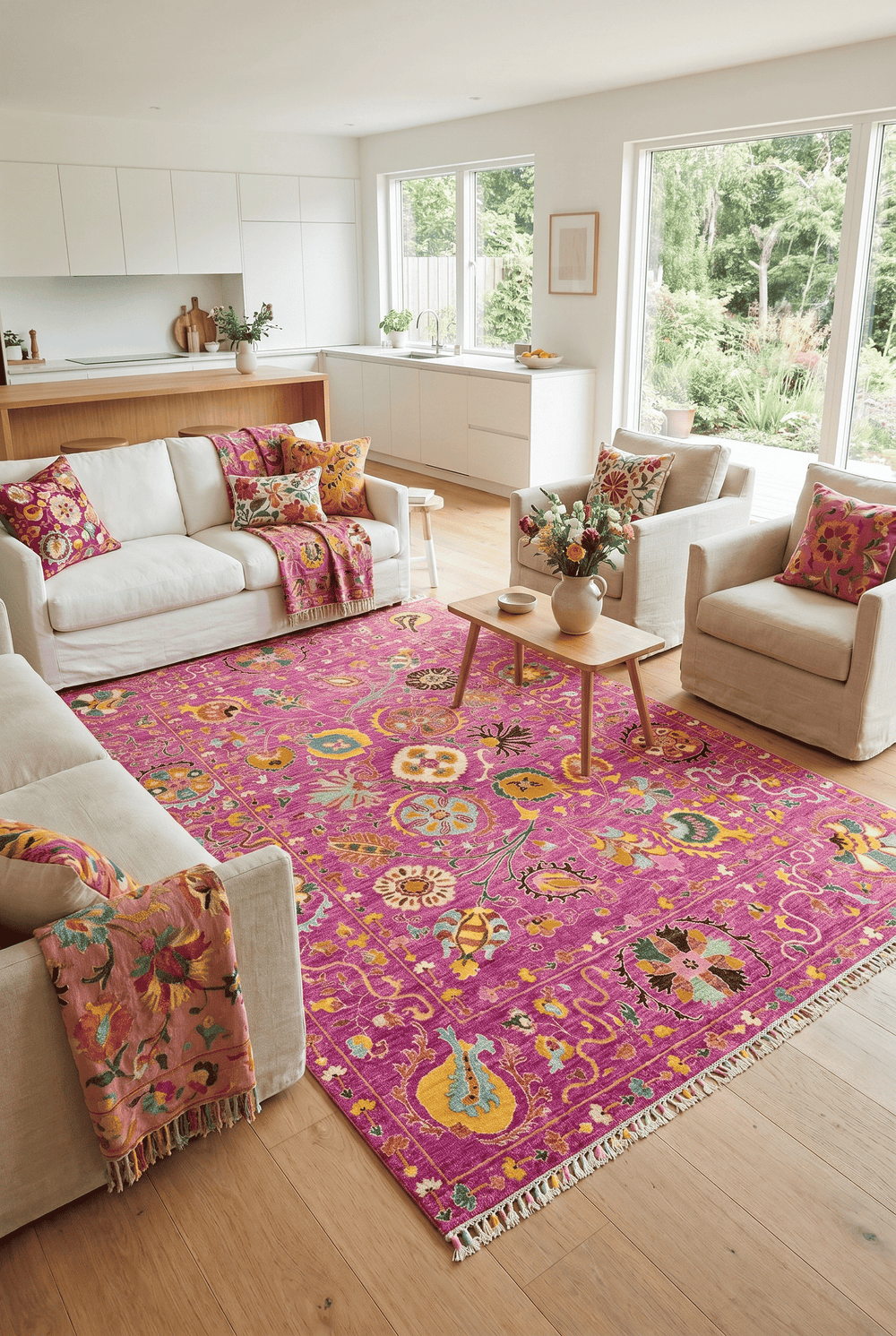 Floral design in magenta on Afghan Ghazni wool rug