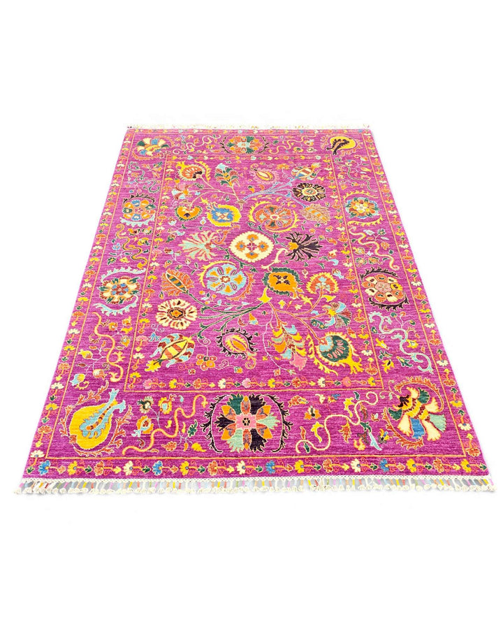 Magenta floral rug with soft faded tones, hand-knotted Ghazni wool