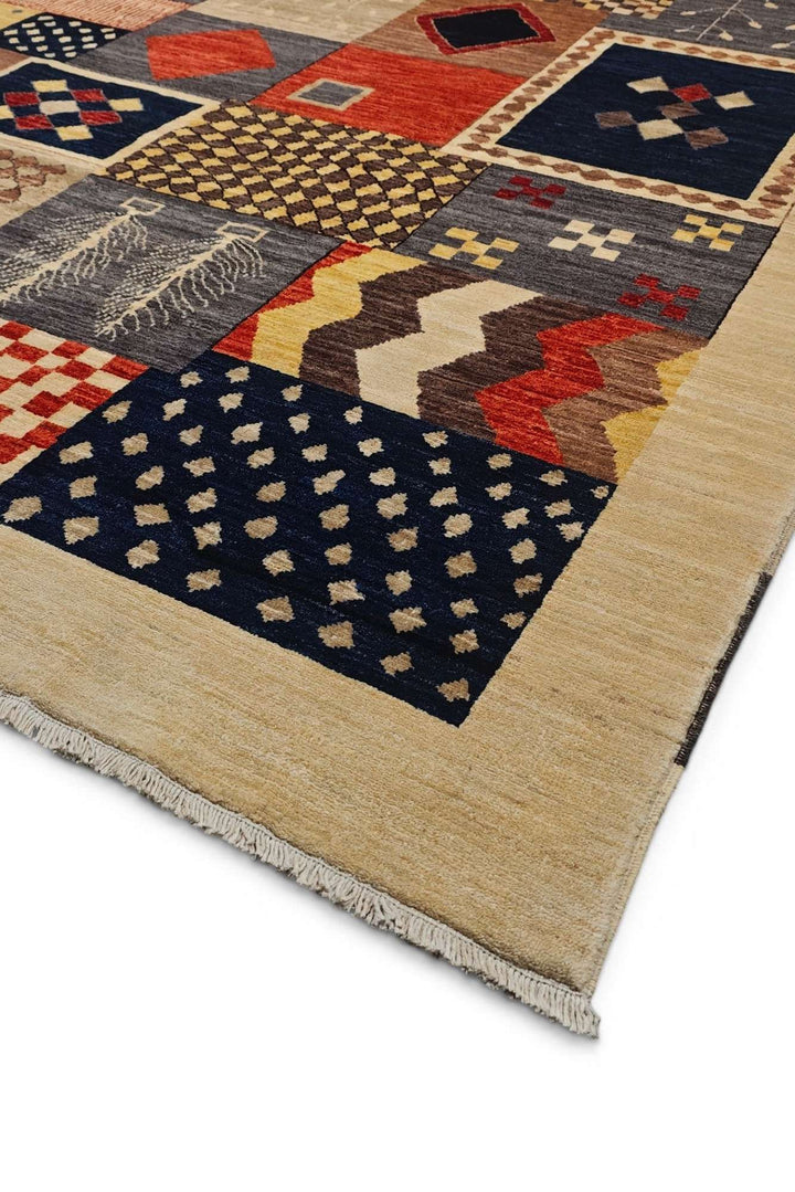 Corner of multicolour patchwork Ghazni rug