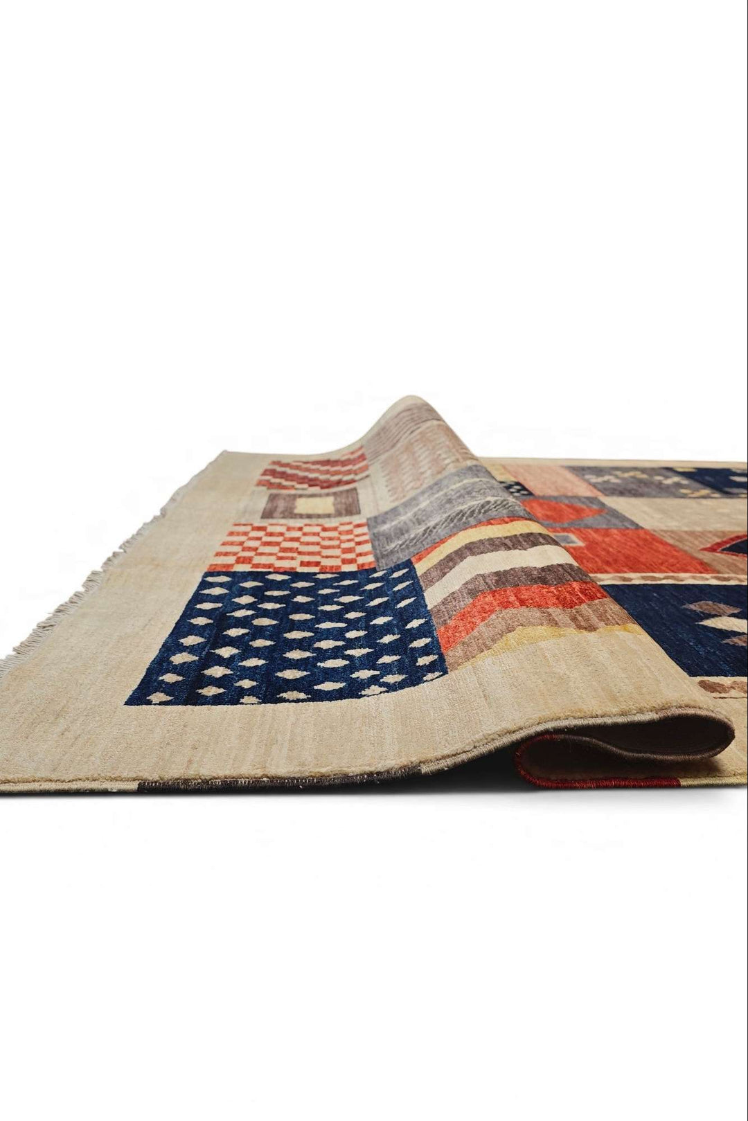 Multicolour patchwork Ghazni wool rug, hand-knotted