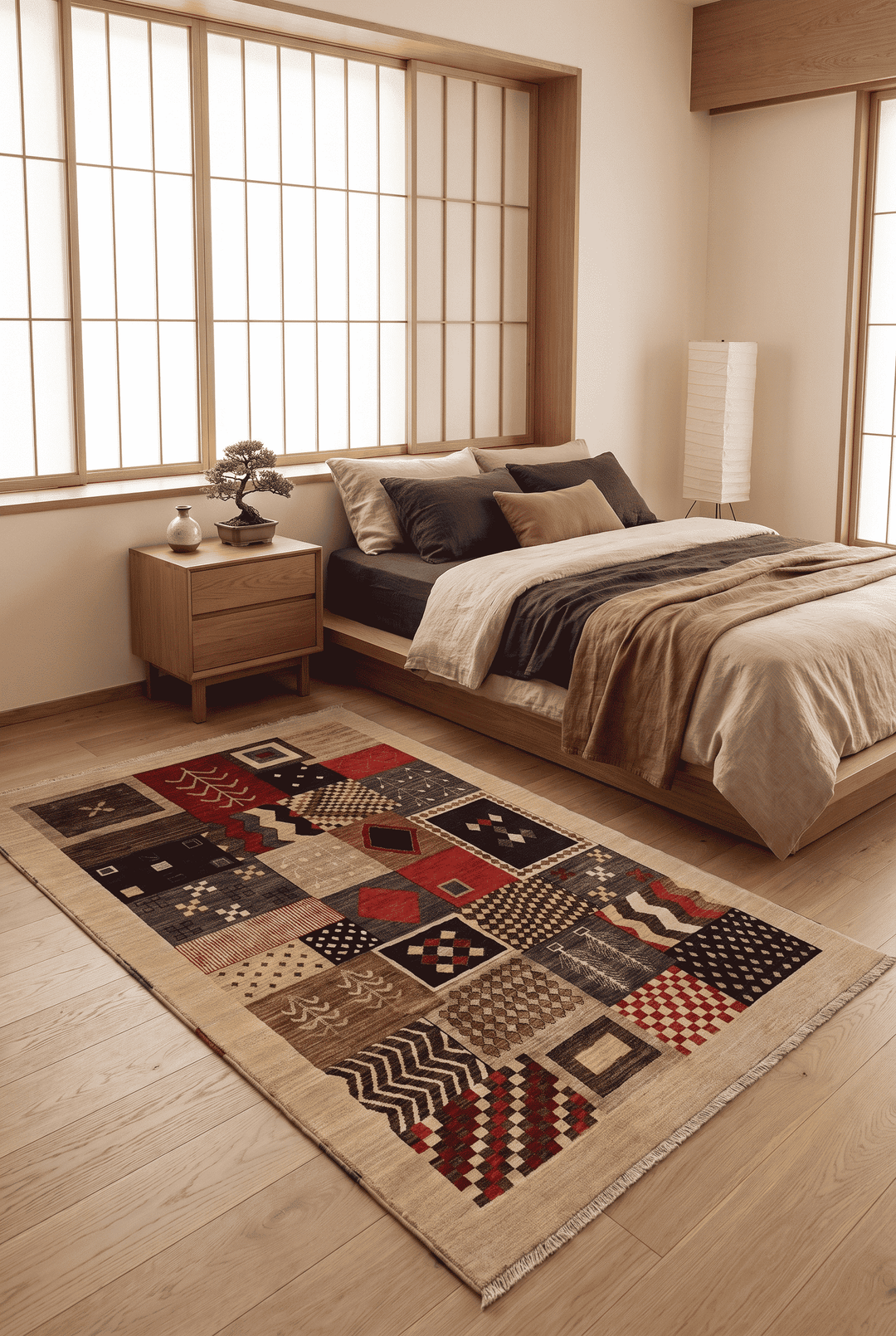 Patchwork compartment detail in multicolour on Ghazni rug