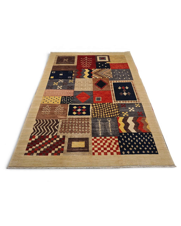Hand-knotted Ghazni rug with multicolour patchwork field
