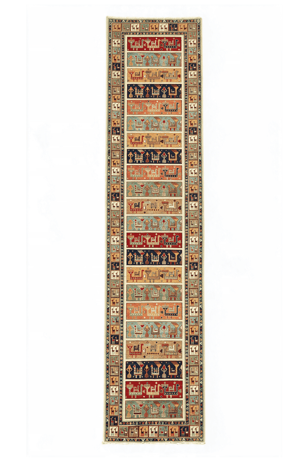Multicolour animal band Ghazni runner, 91×405cm, hand-knotted wool