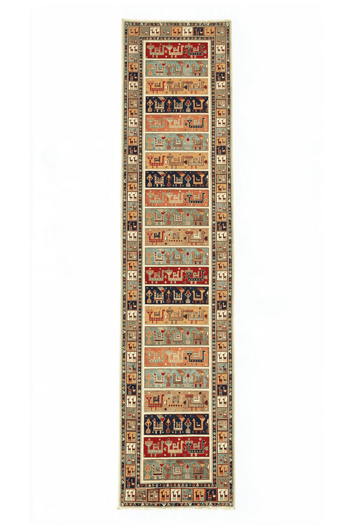 Multicolour animal band Ghazni runner, 91×405cm, hand-knotted wool