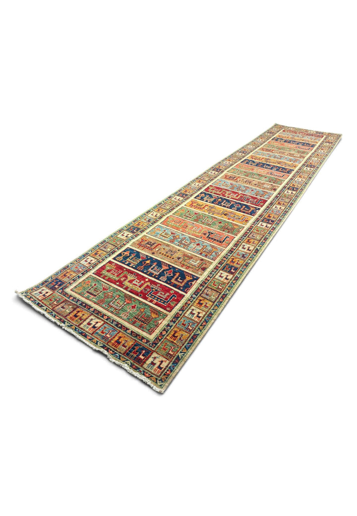 Hand-knotted wool pile of multicolour animal runner, 91×405cm