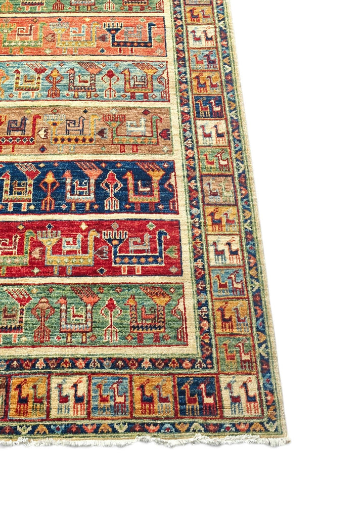 Corner of multicolour animal band Ghazni hand-knotted runner