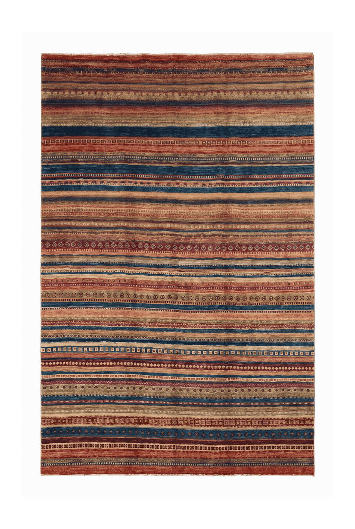 Multicolour tribal banded stripe Ghazni rug, 196×324cm, 4.5 tatami