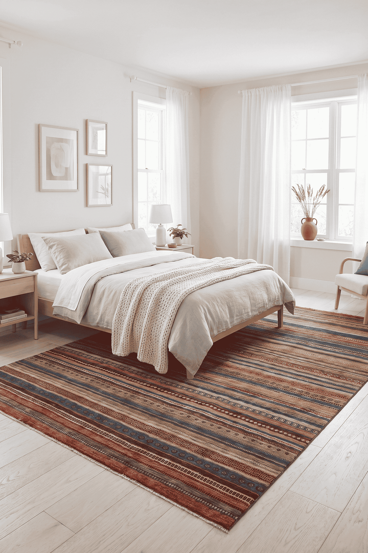 Banded stripe detail in multicolour on Afghan Ghazni rug