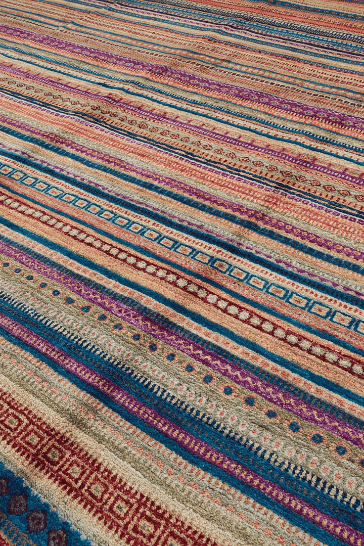 Banded stripe Khorjin design in multicolour on Afghan wool rug