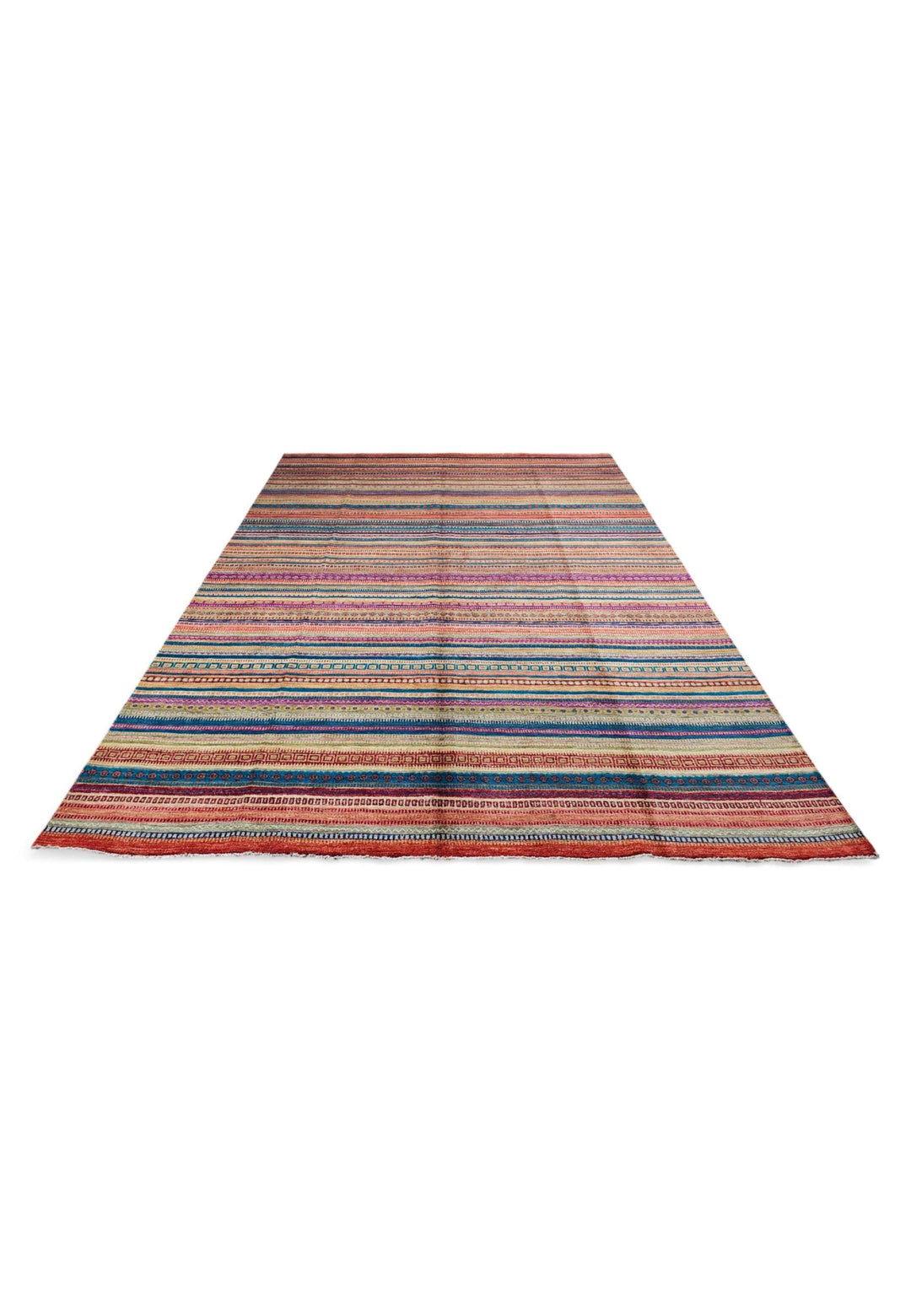 Border detail of multicolour Khorjin hand-knotted Afghan rug