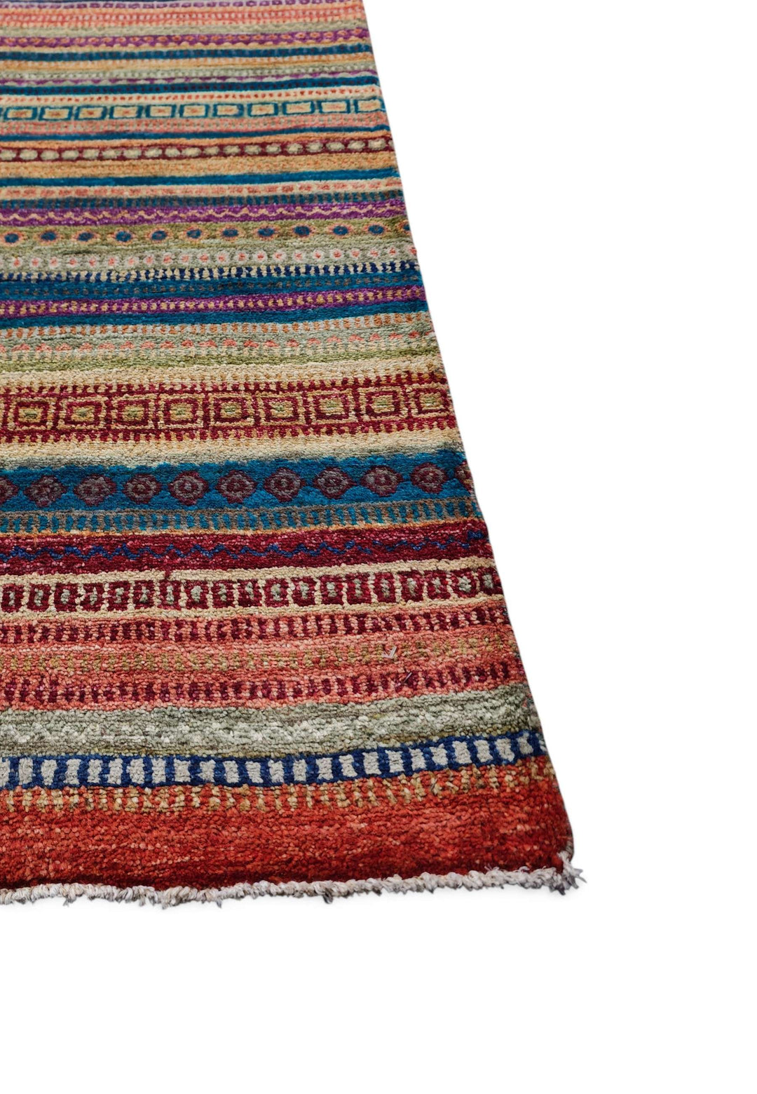 Hand-knotted multicolour Afghan Khorjin rug with stripe bands