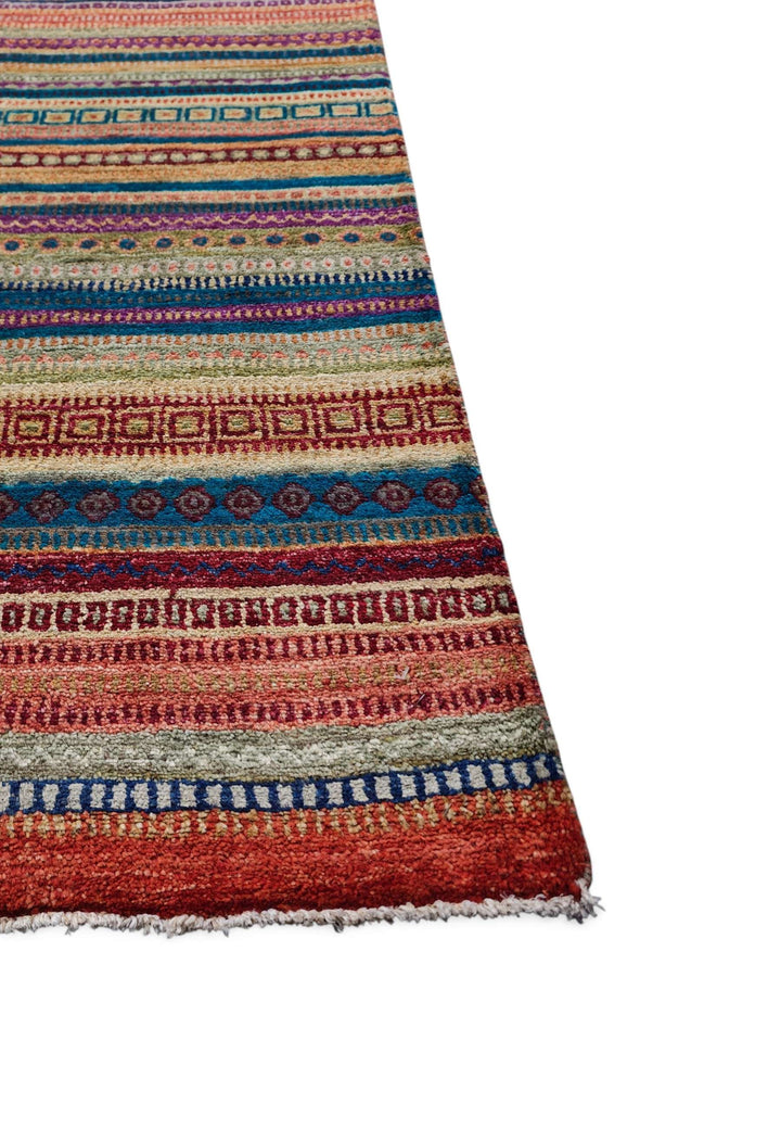 Hand-knotted multicolour Afghan Khorjin rug with stripe bands