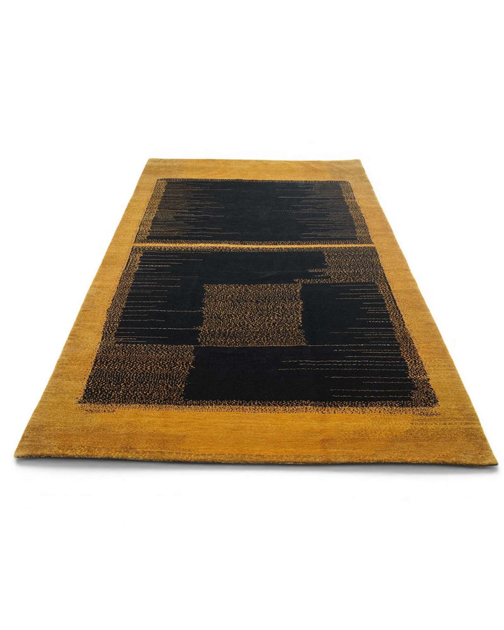 Border detail of gold black abstract Ghazni rug