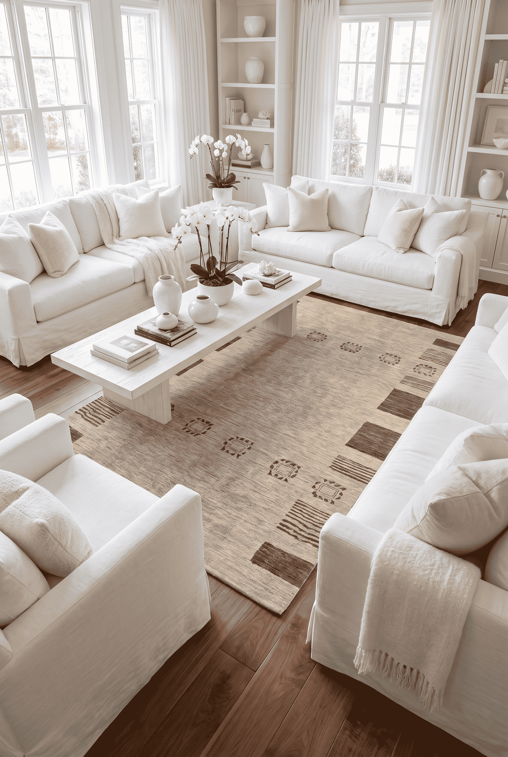 Tribal border detail in natural beige on Ghazni rug