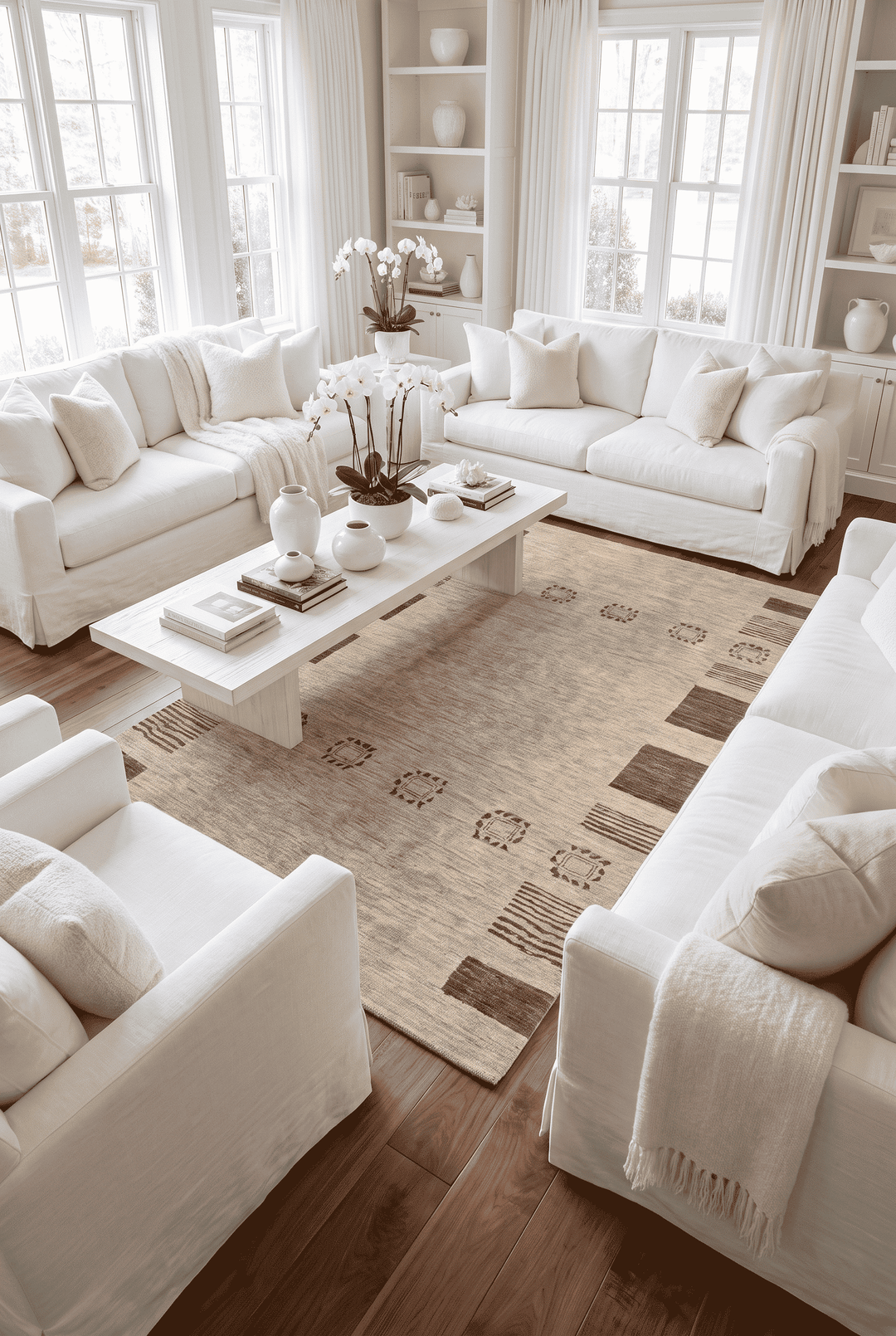 Tribal border detail in natural beige on Ghazni rug