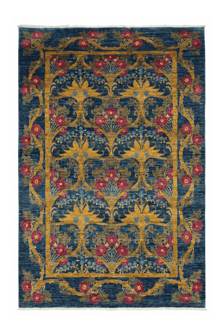 Navy Blue Afghan Ghazni Rug, floral design, hand-knotted, 180×272cm
