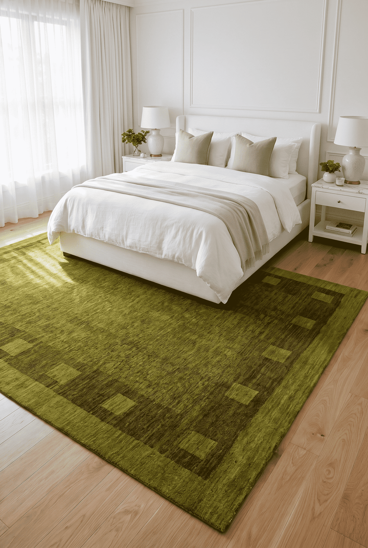 Block border detail in olive green on Afghan Ghazni rug