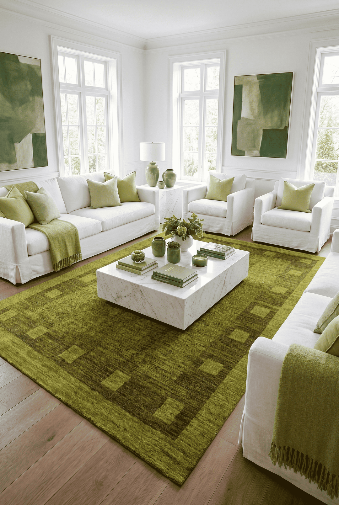 Modern field of hand-knotted olive green Ghazni rug