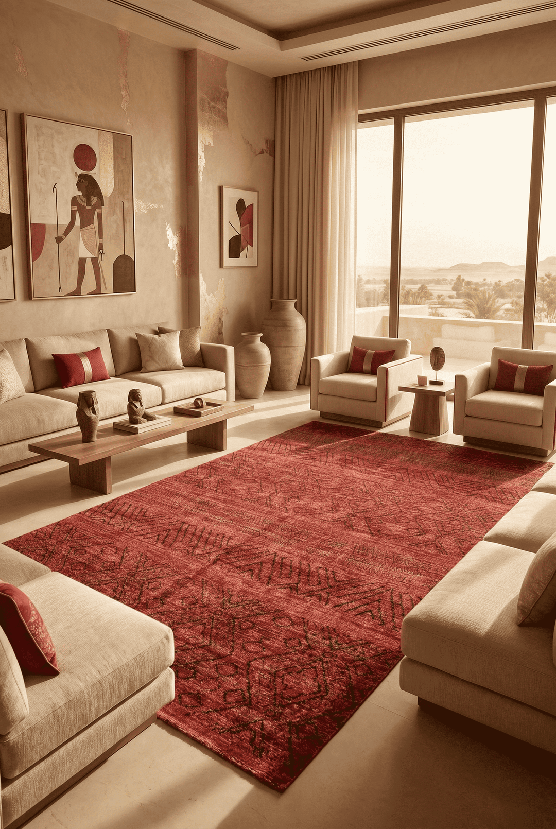 Tribal geometric detail in red on Afghan Ghazni rug