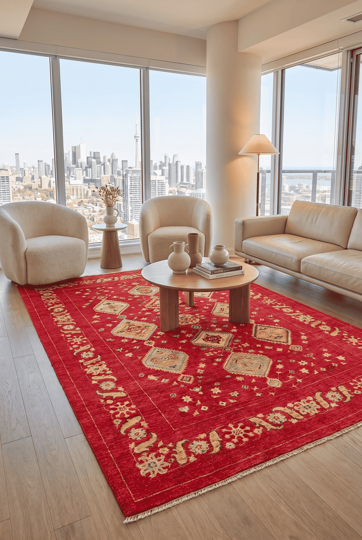 Border detail of red gold medallion Ghazni rug