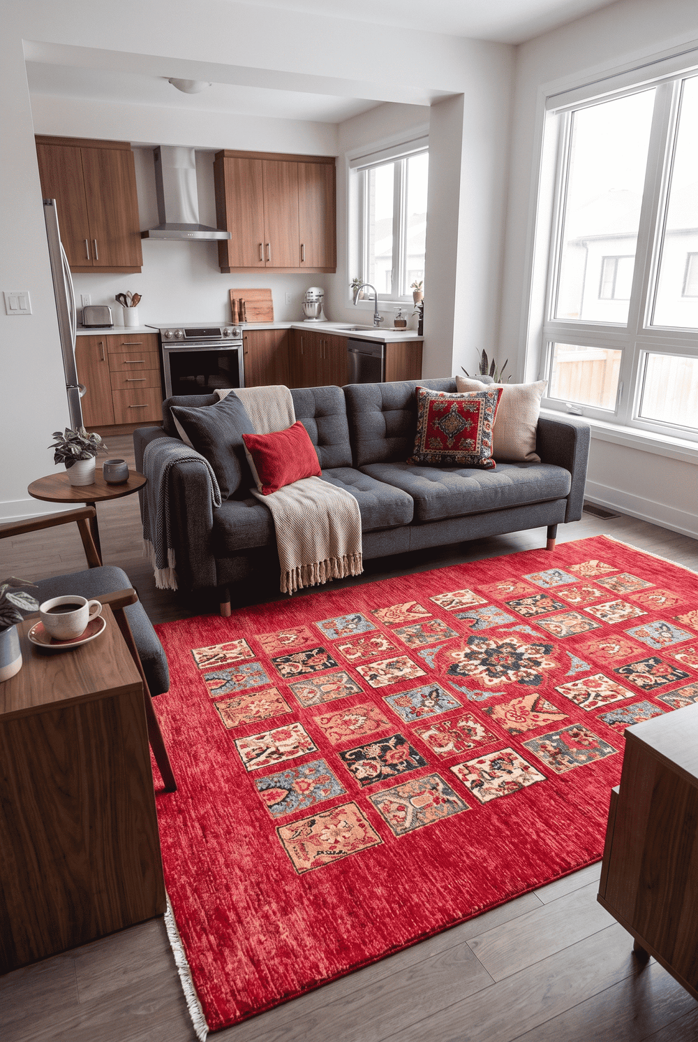 Garden panel compartment detail in red on Ghazni rug
