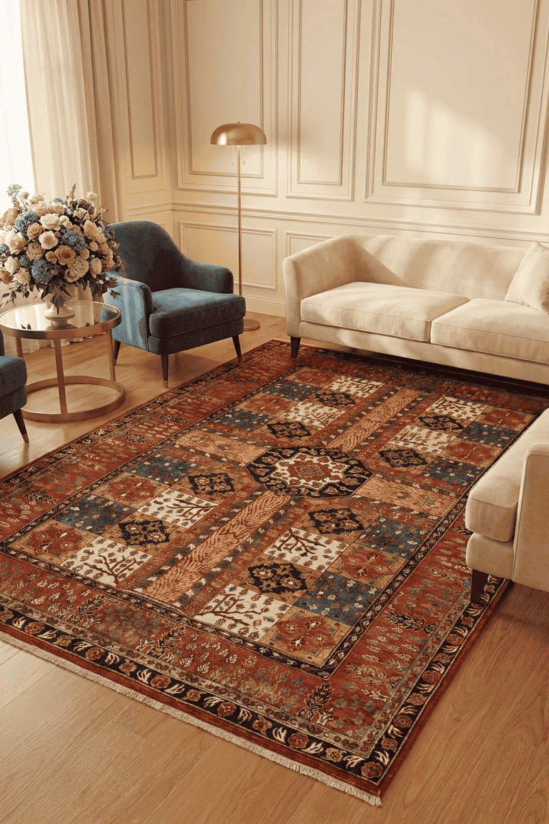 Bakhtiari garden compartment detail in red on Ghazni rug