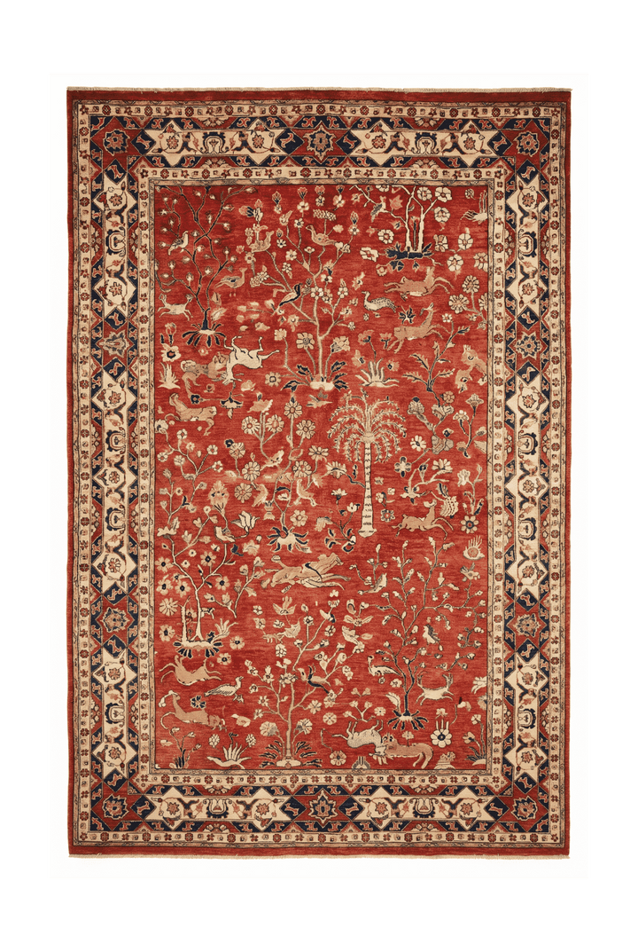 Red Shikargah hunting scene Ghazni rug, 191×283cm, 3 tatami