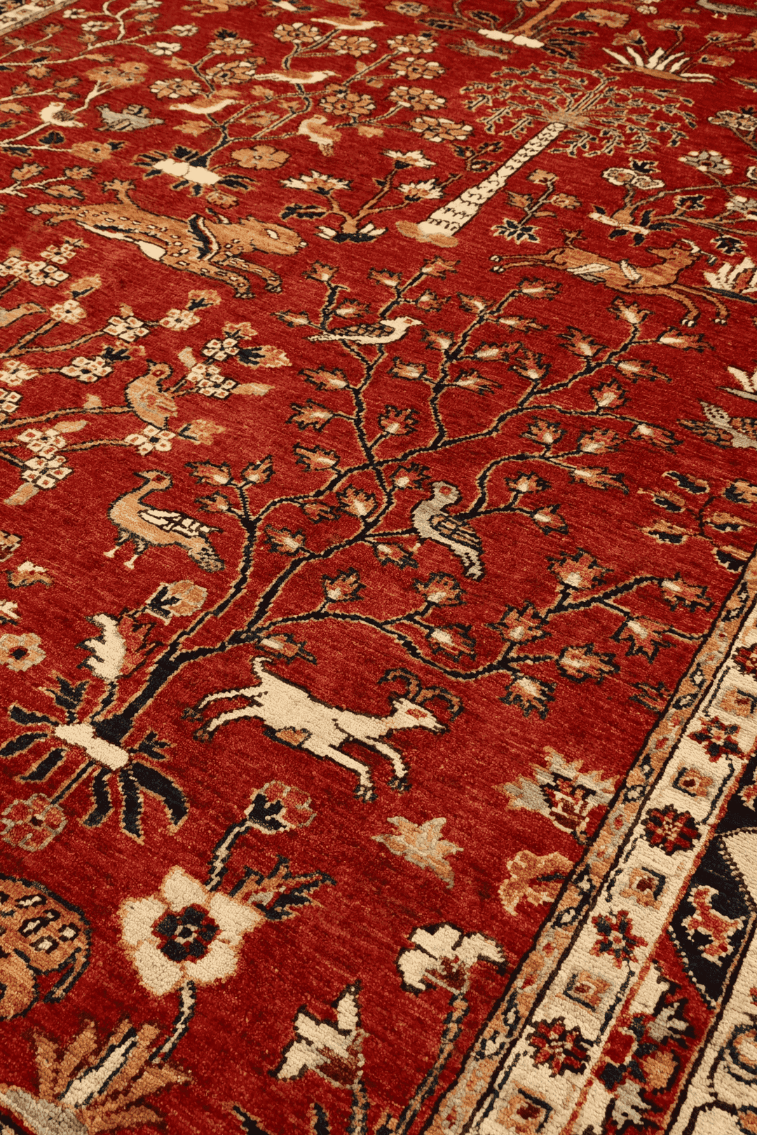 Border detail of red Shikargah hunting Ghazni rug
