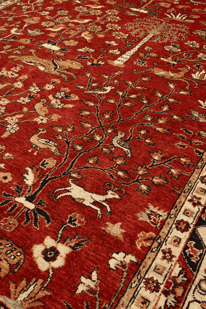 Border detail of red Shikargah hunting Ghazni rug