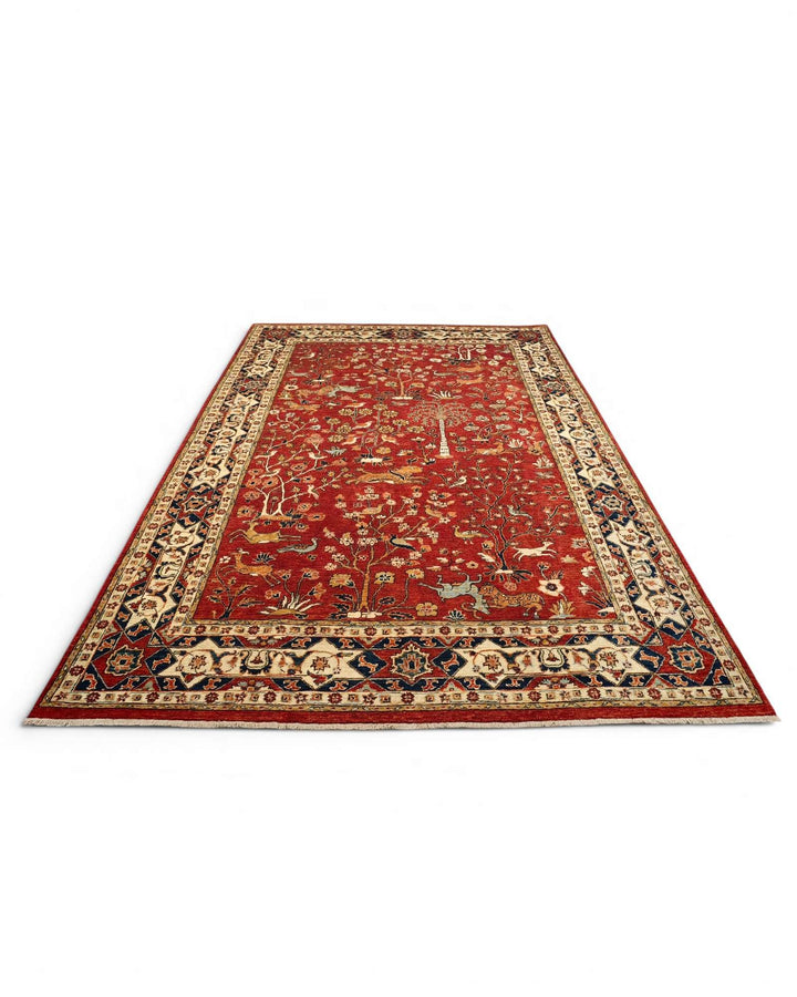 Hand-knotted wool pile of red Shikargah hunting rug