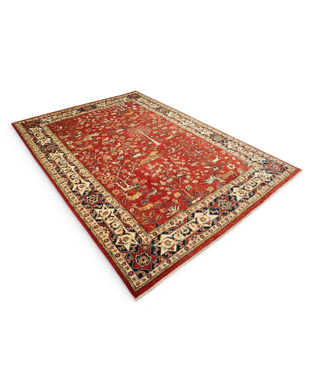 One-of-a-kind red Shikargah hunting Ghazni rug