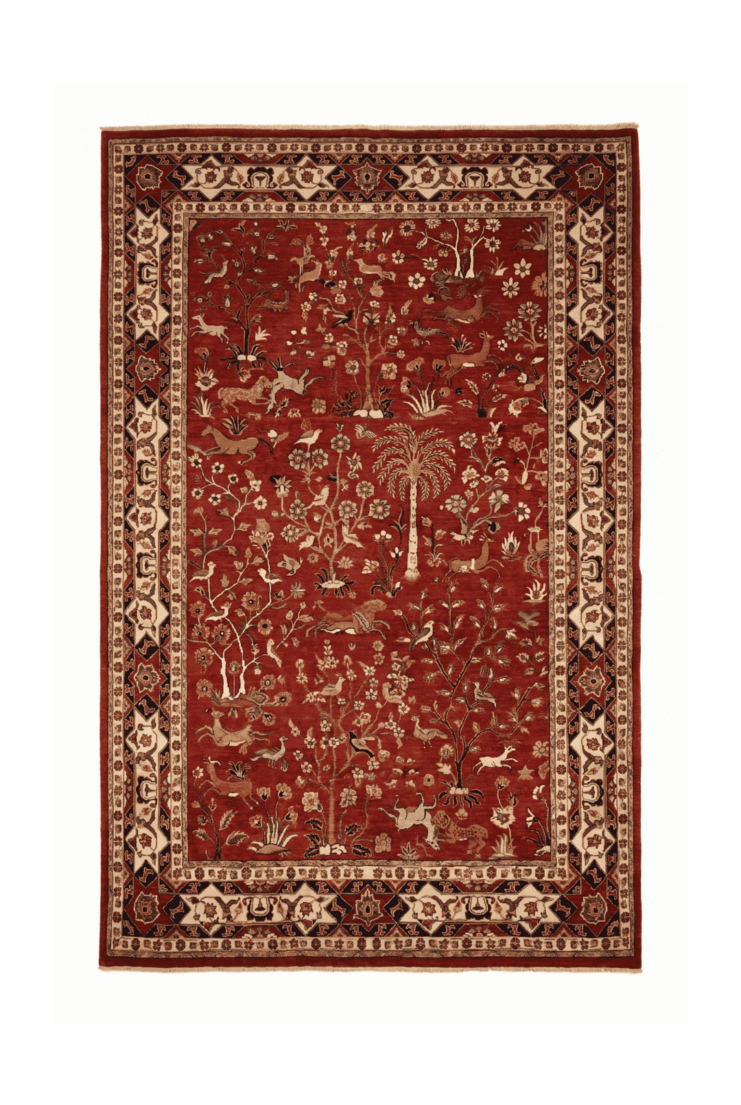 Red Shikargah paradise hunting scene Ghazni rug, 302×193cm, 4.5 tatami