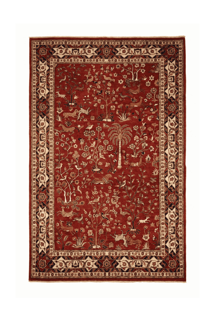 Red Shikargah paradise hunting scene Ghazni rug, 302×193cm, 4.5 tatami