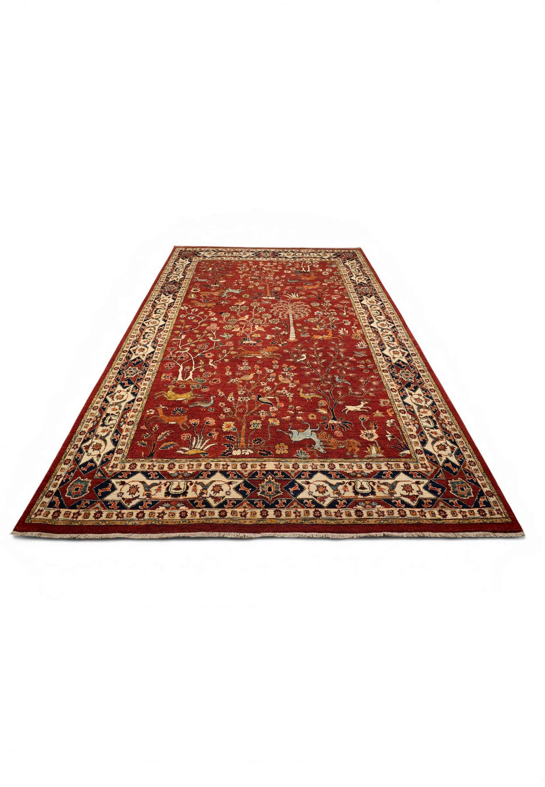 Border detail of red Shikargah Ghazni hand-knotted rug