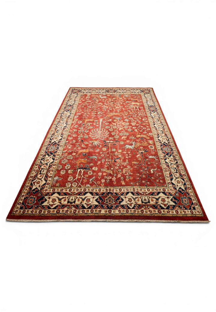 Hand-knotted wool pile of red Shikargah Ghazni rug