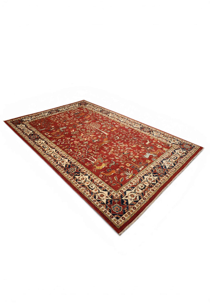 One-of-a-kind red Shikargah paradise Ghazni rug