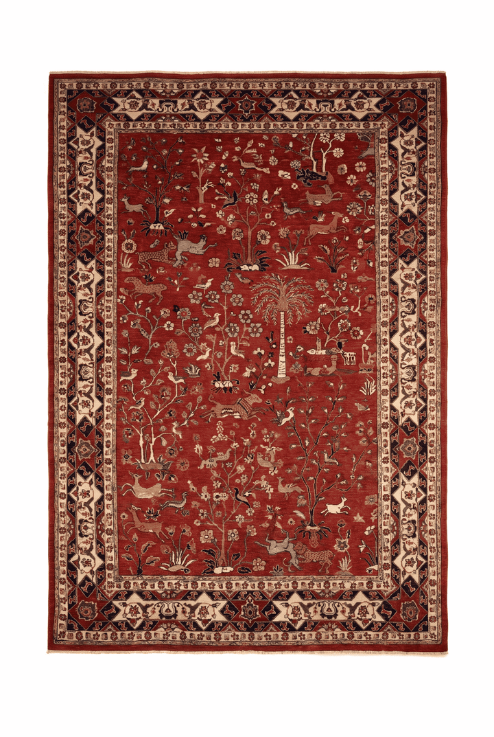 Red Shikargah garden hunting scene Ghazni rug, 194×298cm, 4.5 tatami