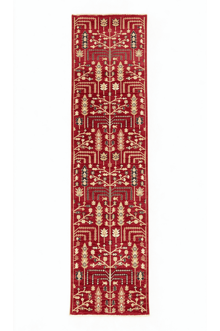Red and cream Bid Majnun willow tree Ghazni runner, 80×298cm